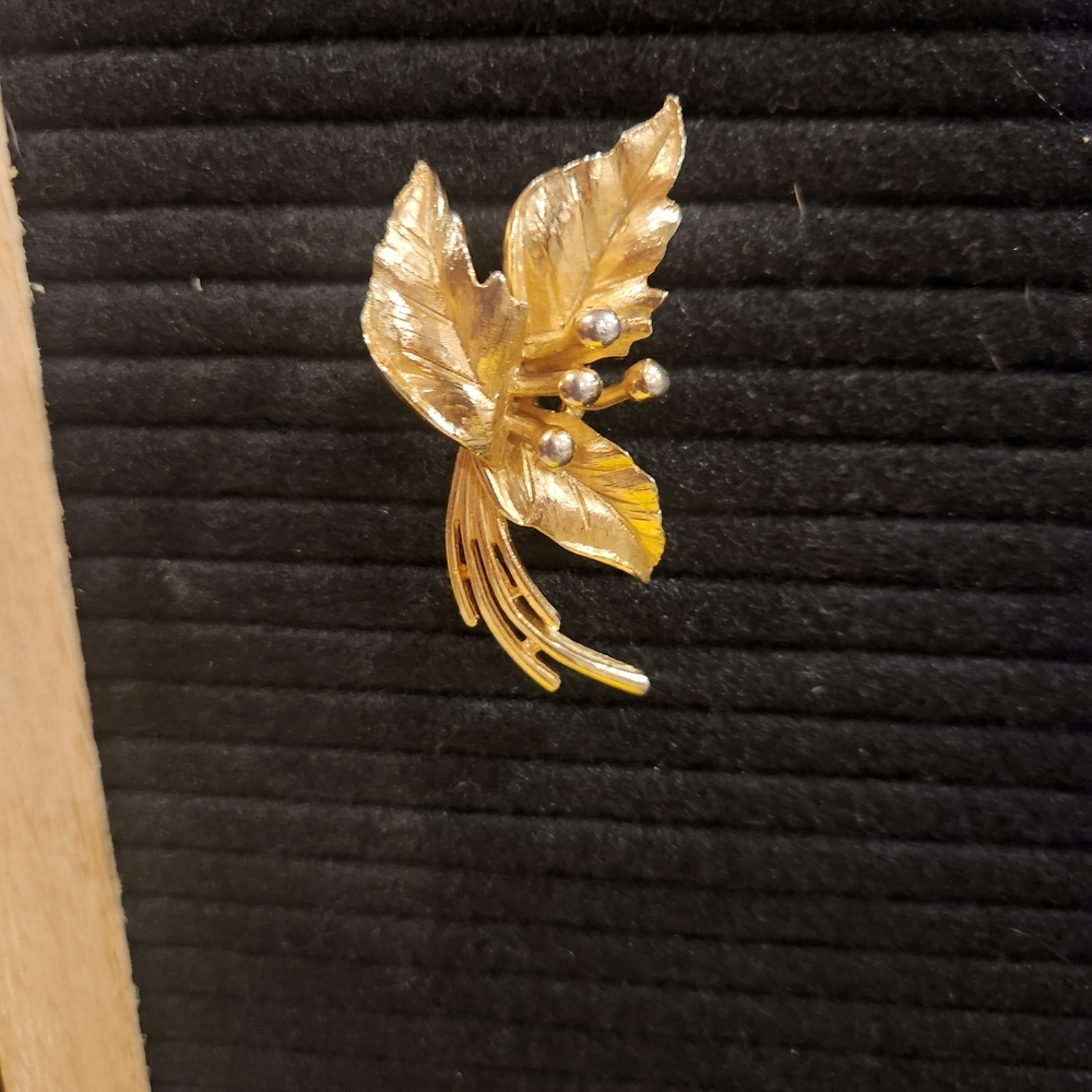 Vintage Gold Leaf Brooch with Silver Accents